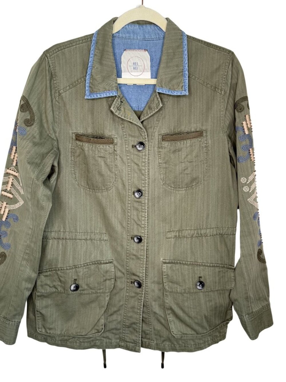 Anthropologie Hei Hei Military-Inspired Olive Green Jacket With Embroidered Slee - Picture 2 of 10